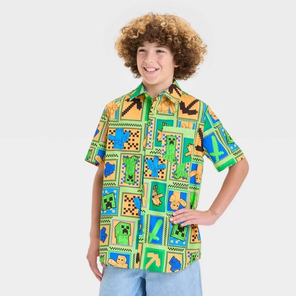 Minecraft Boys Short Sleeve Button Up Shirt NWT Size Large Green Creeper